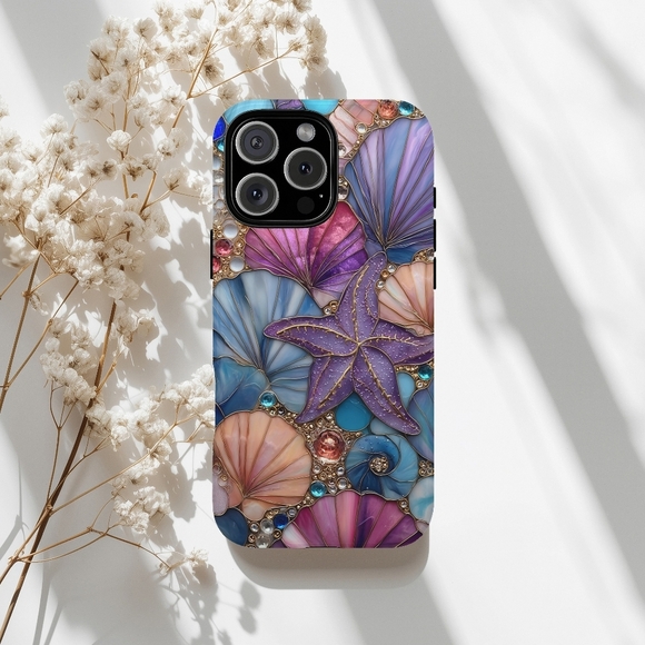 Sea Shell Stained Glass IPhone 16,15,14,13 (Pro Max,Pro,Plus) Cell Phone Case - Picture 1 of 15
